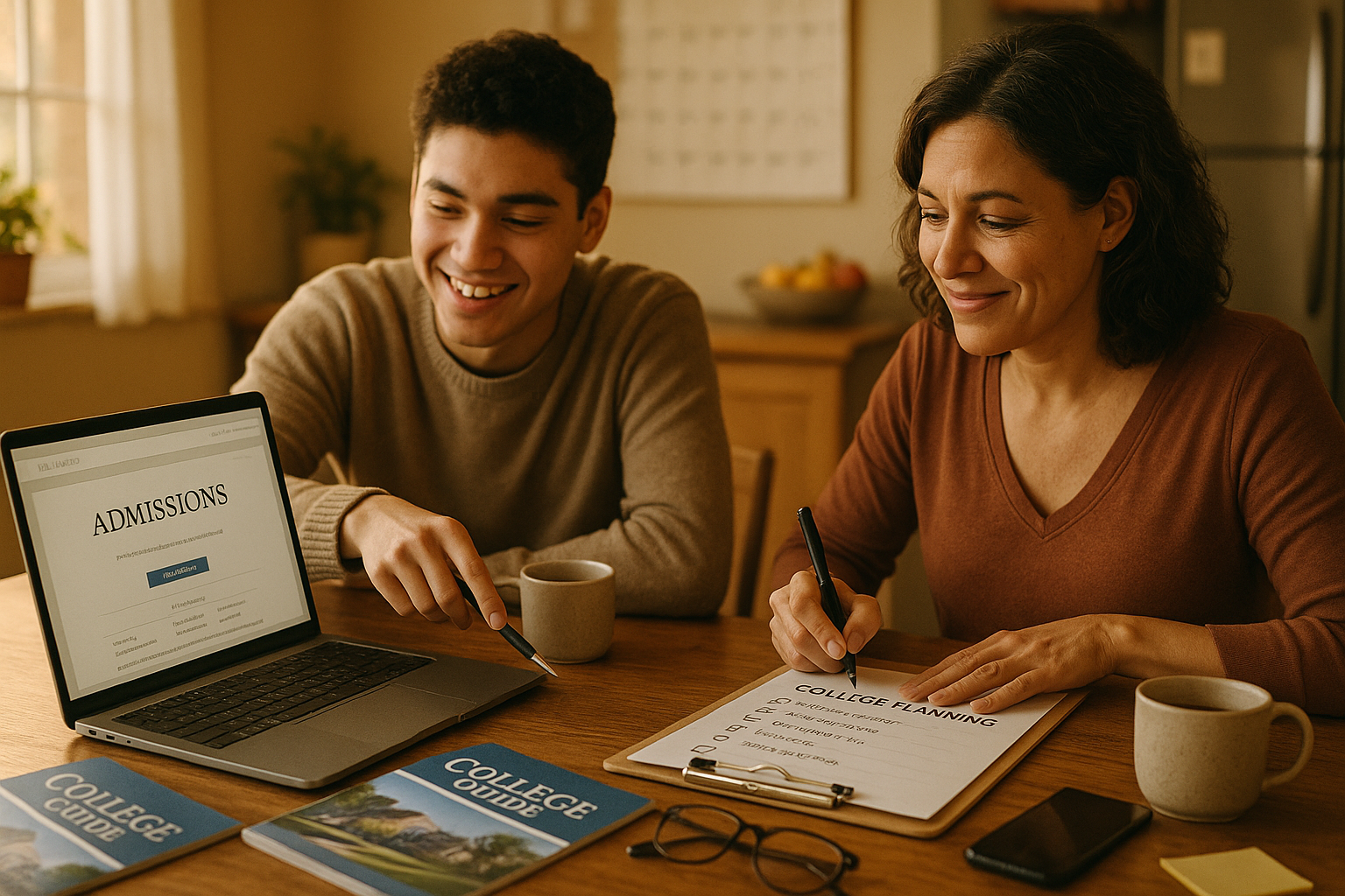 Photo Idea : A warm photo of a student and parent at a kitchen table with a laptop, college brochures, and a calendar — the student is pointing at the screen while the parent writes a checklist.