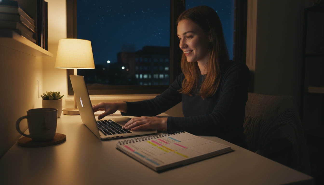 Photo Idea : A calm nighttime scene of a student closing a laptop, a tidy weekly planner with highlighted sections, and a warm lamp—shows balance and completion at the end of a study week.