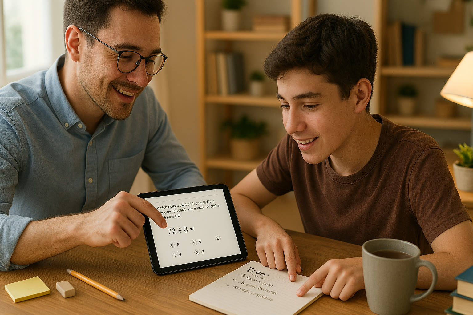 Photo Idea : A bright study nook with a tutor and student interacting over a tablet, showing a practice question on the screen and a notebook with a clear plan — the mood is collaborative and focused.