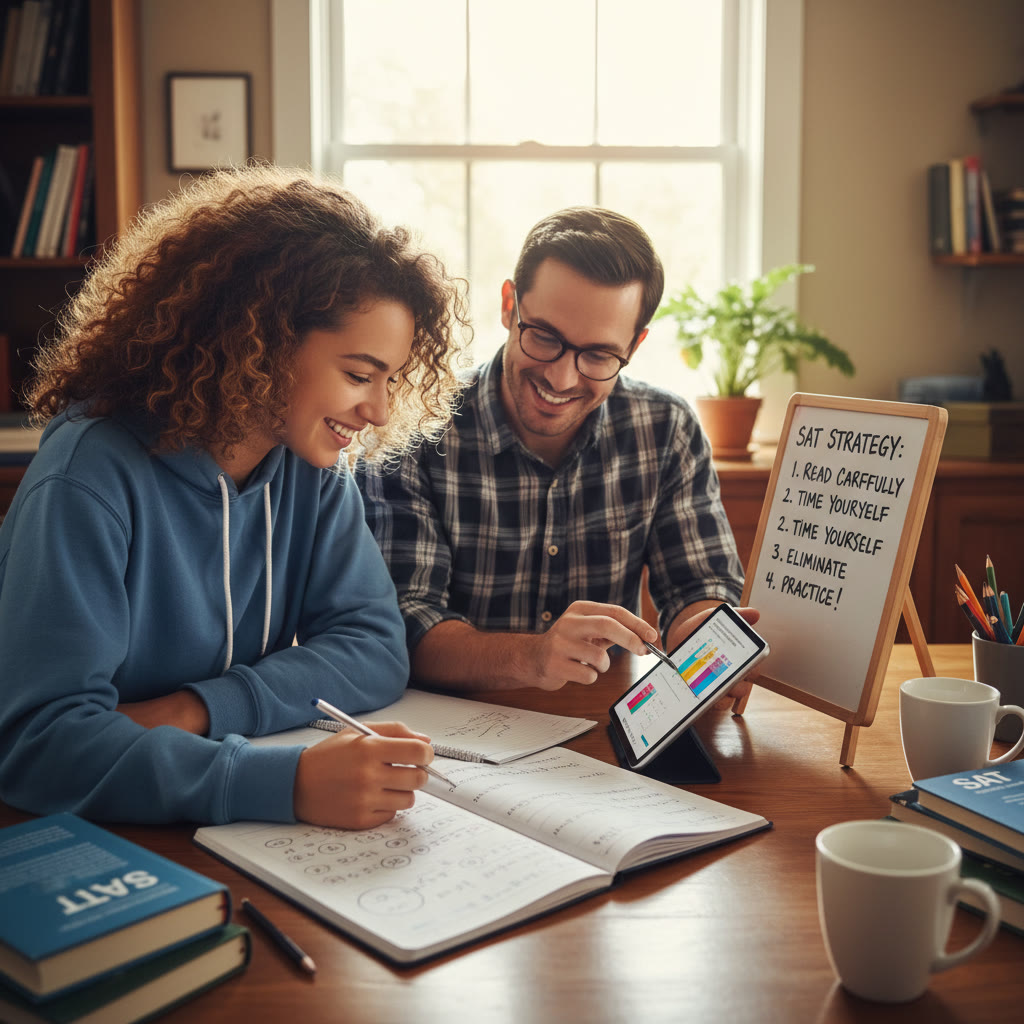 Photo Idea : A focused one-on-one tutoring session, student and tutor at a table reviewing a tablet and handwritten notes; a small whiteboard with strategy points visible.