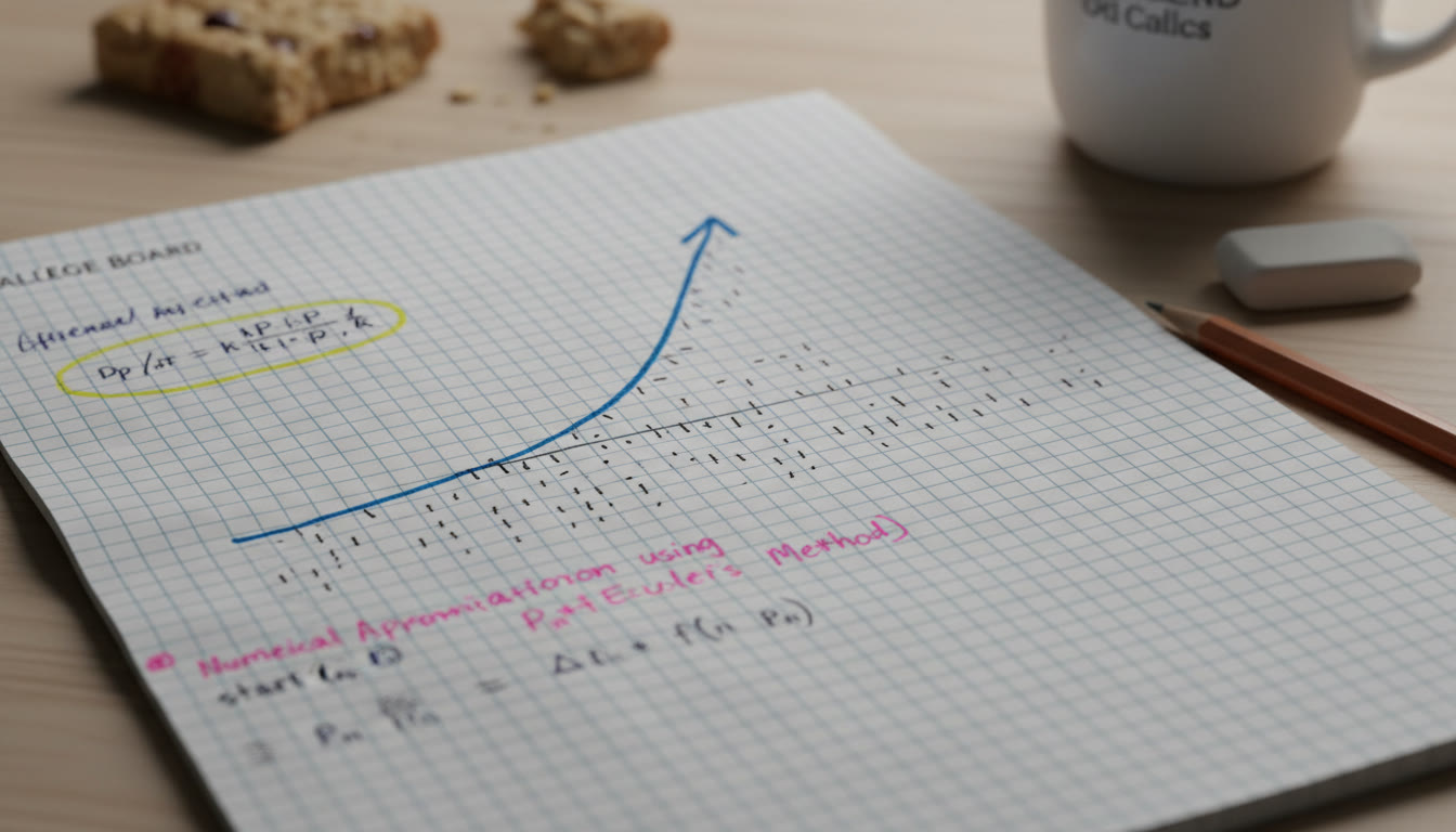 Photo Idea : Close-up of a worksheet showing a logistic curve drawn over a plotted slope field, with notes and highlighted steps — ideal to reinforce the connection between analytic solution and numerical approximation.