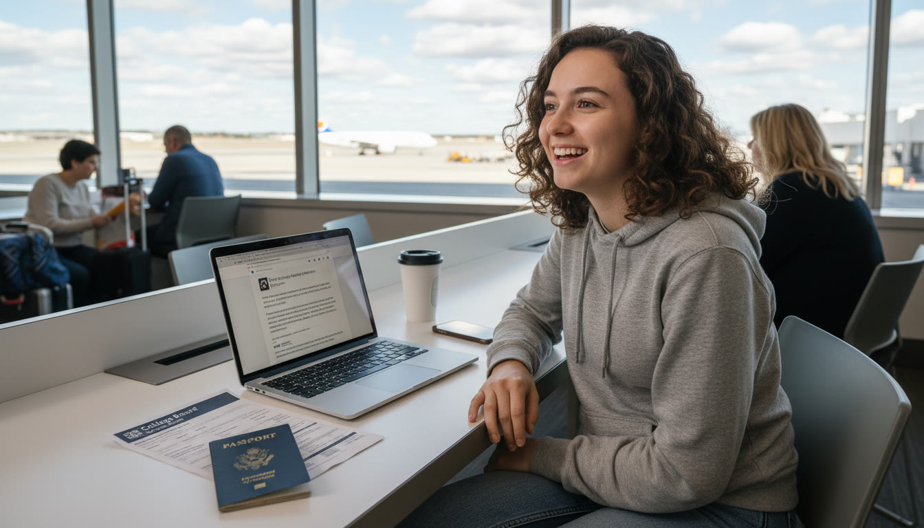 Photo Idea : A bright, candid photo of a student sitting at an airport work table with a laptop, AP score report printout, and a passport—capturing travel and study in one frame. This image appears near the top to set the tone of 