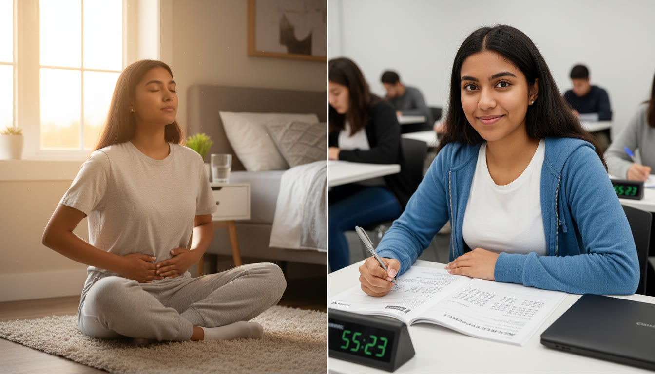 Photo Idea : A two-panel image concept: left panel shows a student practicing diaphragmatic breathing at home with a calm morning light; right panel shows the same student confidently writing at an exam desk—visual continuity to show practice leading to performance.