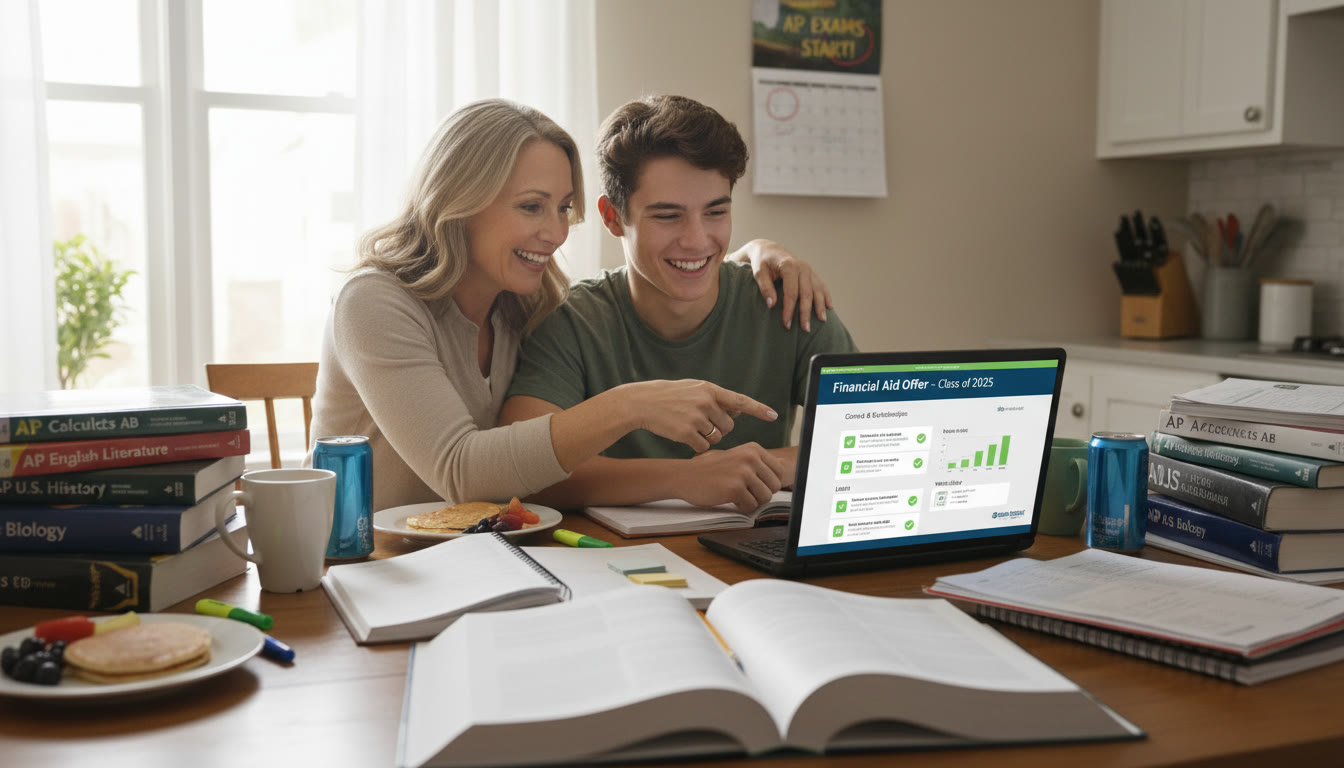 Photo Idea : A warm photo of a parent and teen at the kitchen table surrounded by AP study materials and a laptop showing a college financial aid portal.