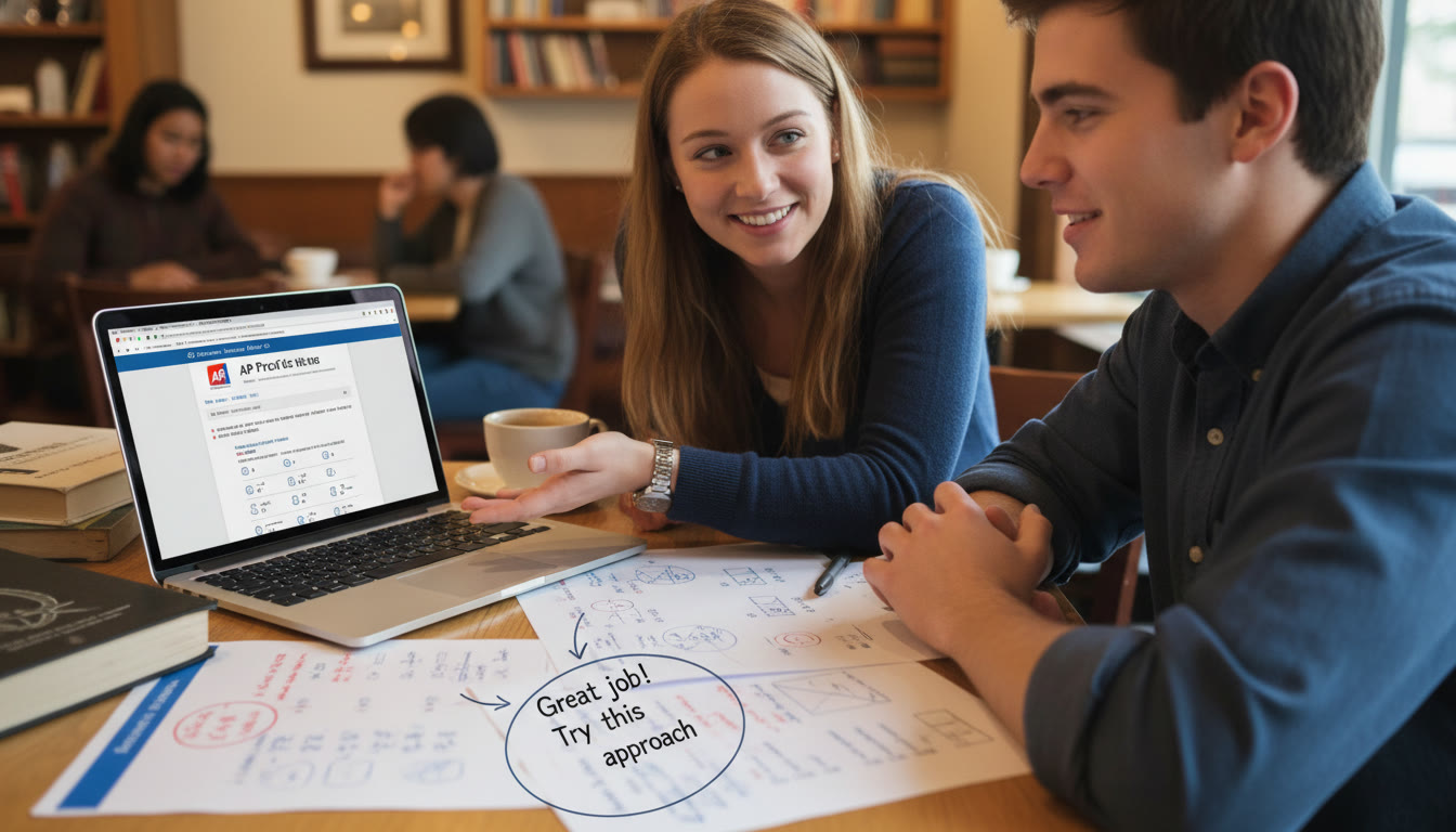 Photo Idea : A candid shot of a tutor working with a student over a laptop, annotated notes visible — ideal in the section about feedback to visualize personalized tutoring support.