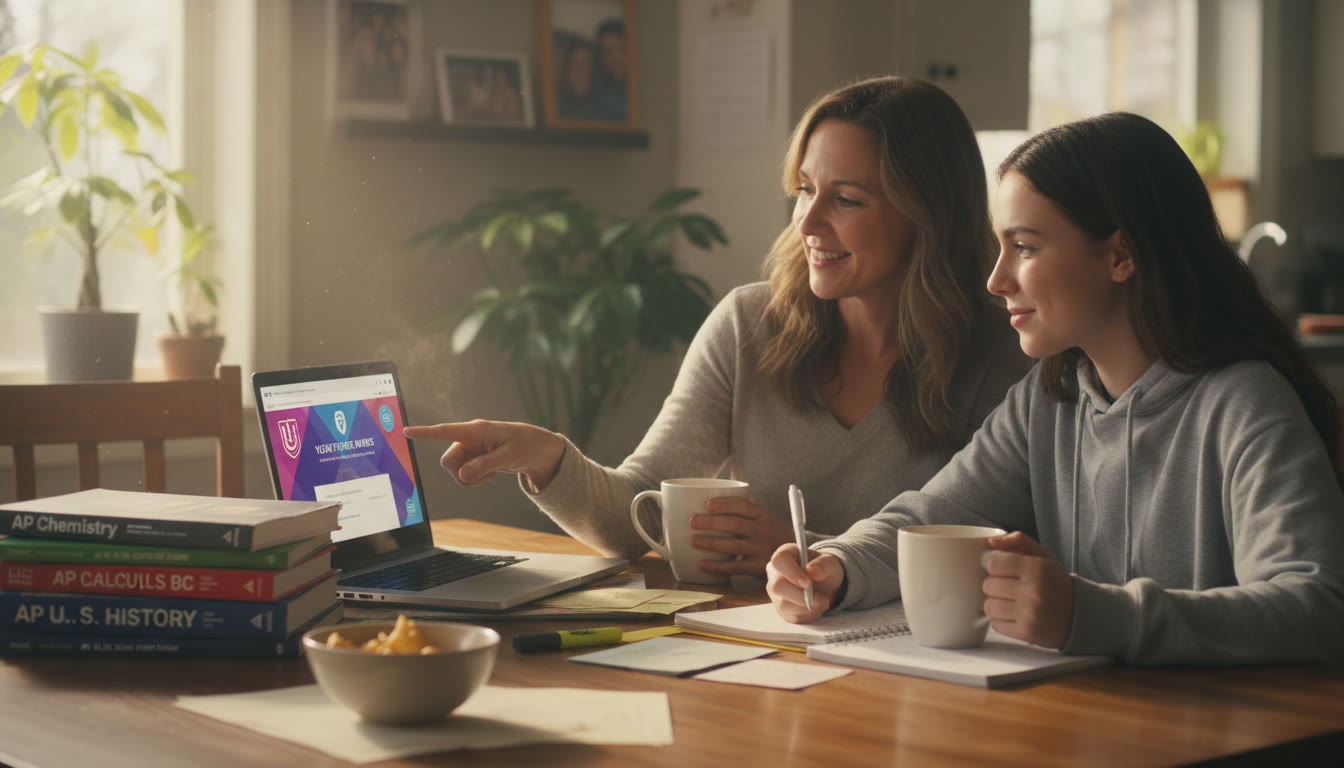 Photo Idea : A warm, candid photo of a parent and teen at a kitchen table, surrounded by AP prep books and a laptop open to a college portal. The image should feel collaborative and hopeful.
