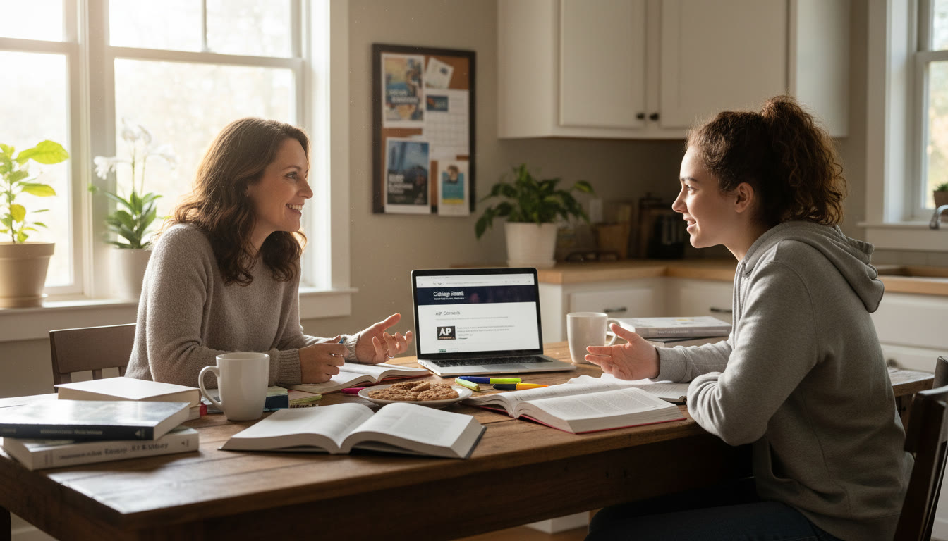 Photo Idea : A warm, candid photo of a parent and teen sitting at a kitchen table surrounded by notes and a laptop, deep in conversation—captures collaboration and calm prep.