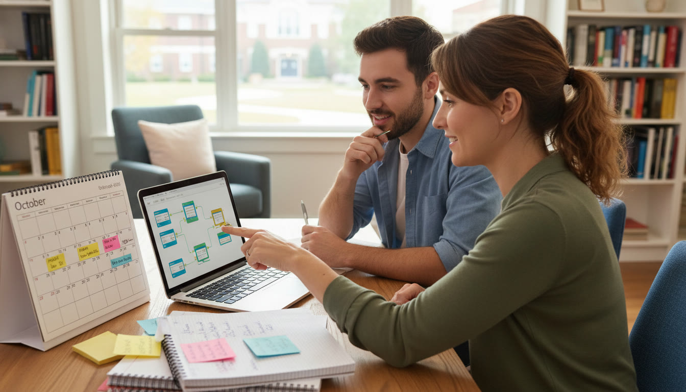 Photo Idea : A student and tutor collaborating over a laptop, with a visible calendar and color-coded notes; the tutor points to a unit map. The image should communicate partnership, clarity, and calm productivity — showing how personalized guidance can refine sequencing.