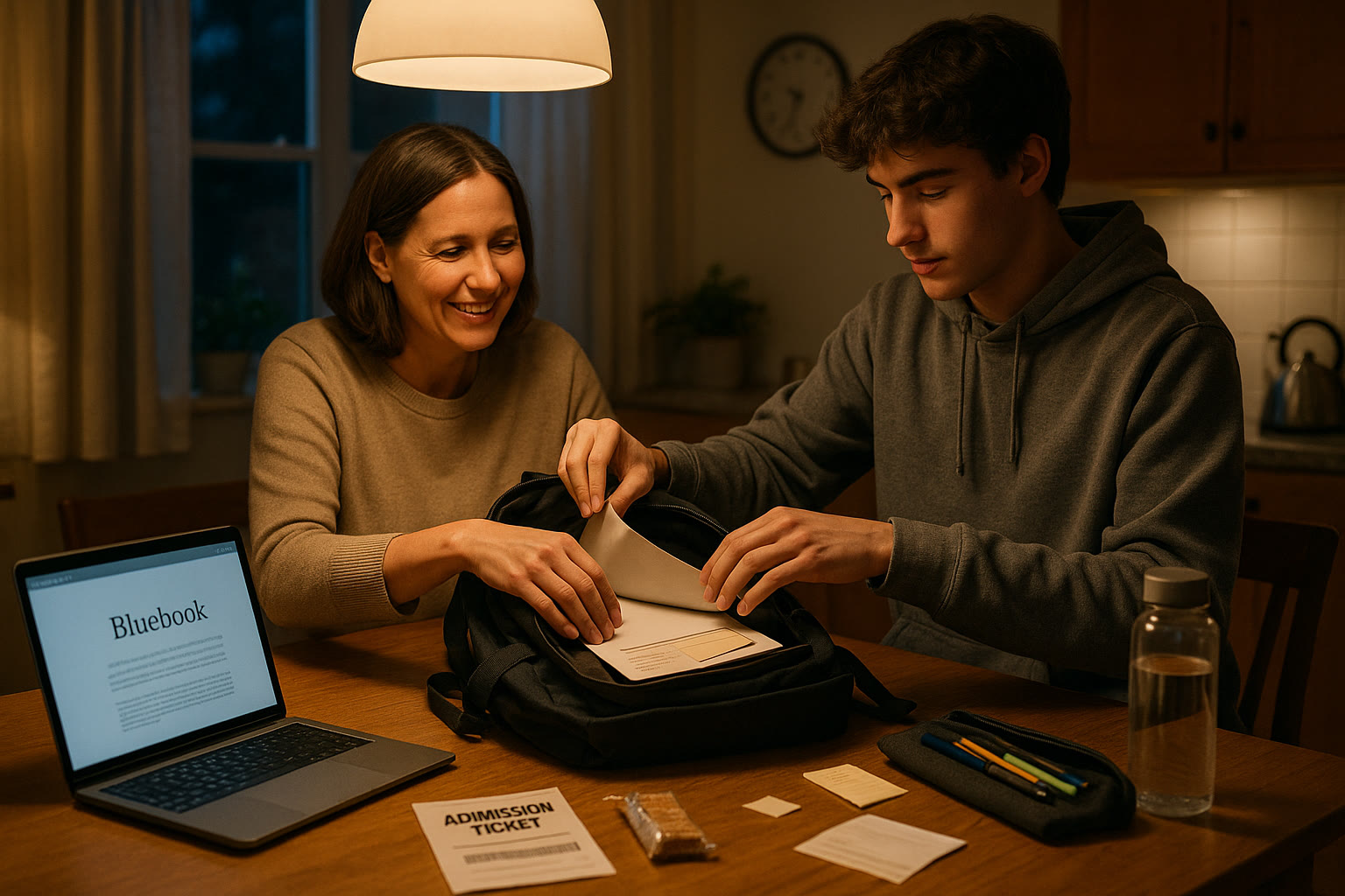 Photo Idea : A parent and teen packing a backpack together the evening before test day—laptop/tablet with Bluebook visible, a small snack, water bottle, and a printed admission ticket on the kitchen table.