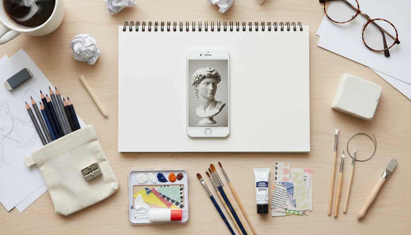 Photo Idea : A neat flat-lay of three small starter kits — a pencil/drawing kit, a 2D mixed-media kit with acrylics and collage supplies, and a compact 3D clay kit — arranged on a sketchbook with a smartphone showing a reference image.
