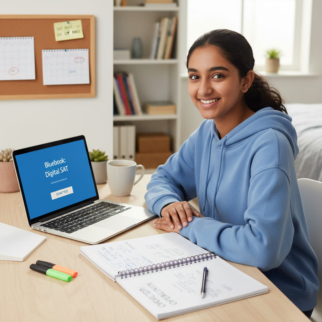 Photo Idea : A focused student sitting at a desk with a laptop, Bluebook app open on the screen, and Oxford application notes beside them.