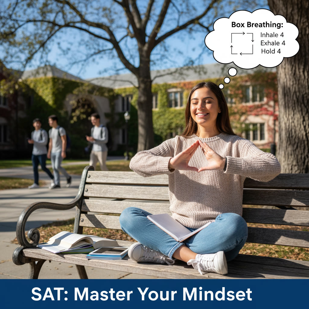 A student practicing box breathing on a bench outside between study sessions—illustrating a quick anxiety management technique.