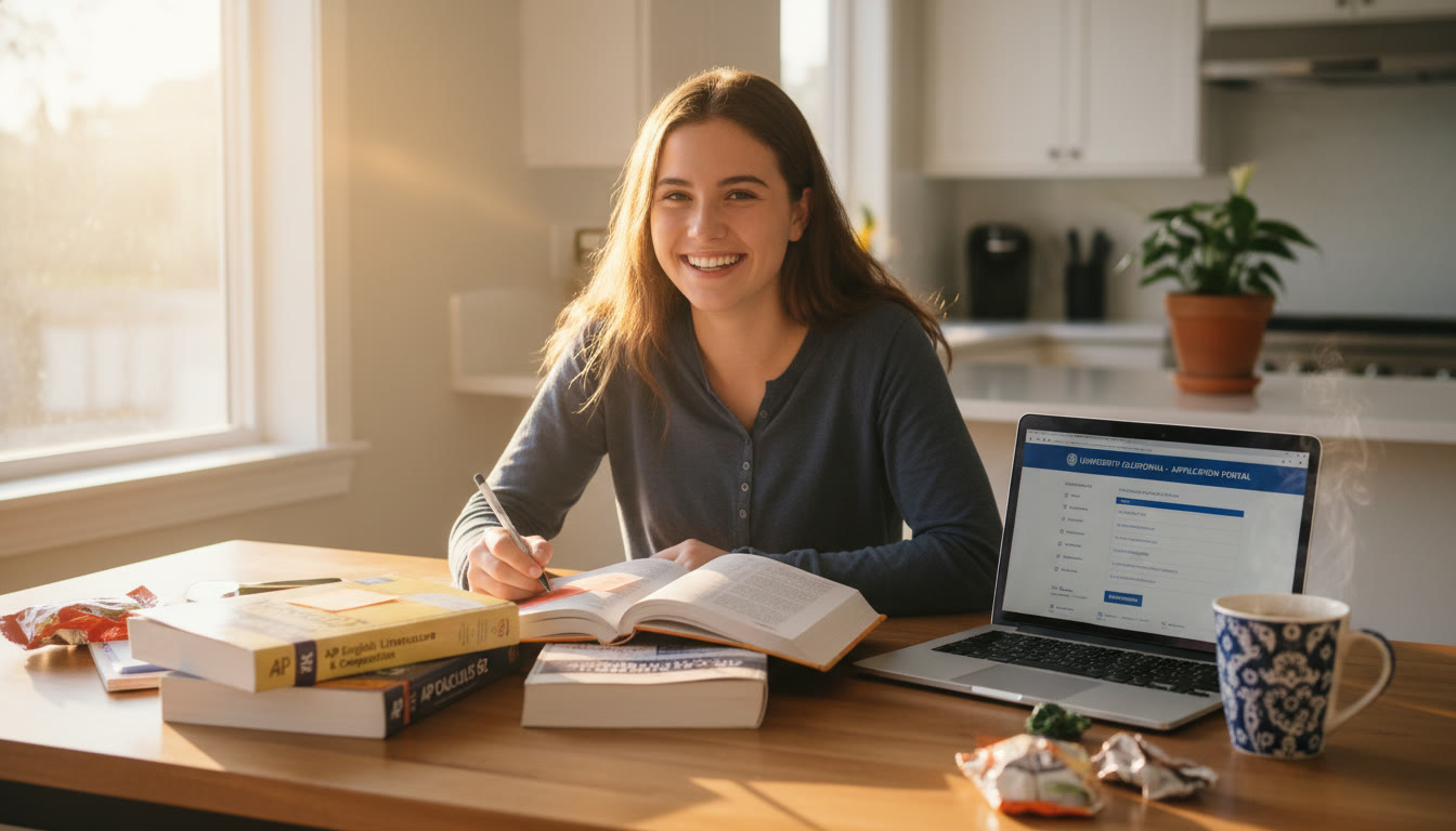 Photo Idea : A bright, candid photo of a student at a kitchen table with open AP prep books, a laptop with a college portal page on screen, and a coffee mug — conveys planning and real-life study.