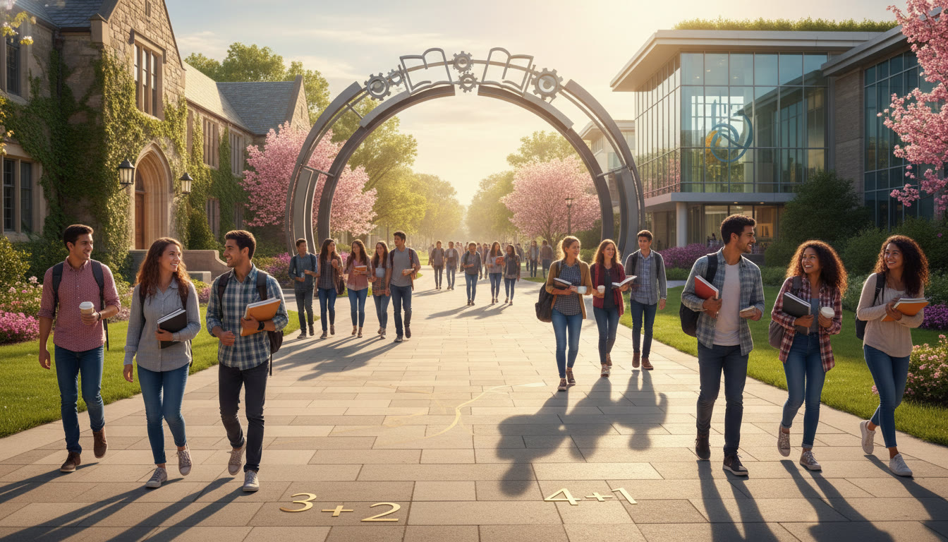 Photo Idea : A dynamic image of a campus walkway with students moving between two buildings—symbolizing partnership between institutions and the transition central to 3+2/4+1 programs.