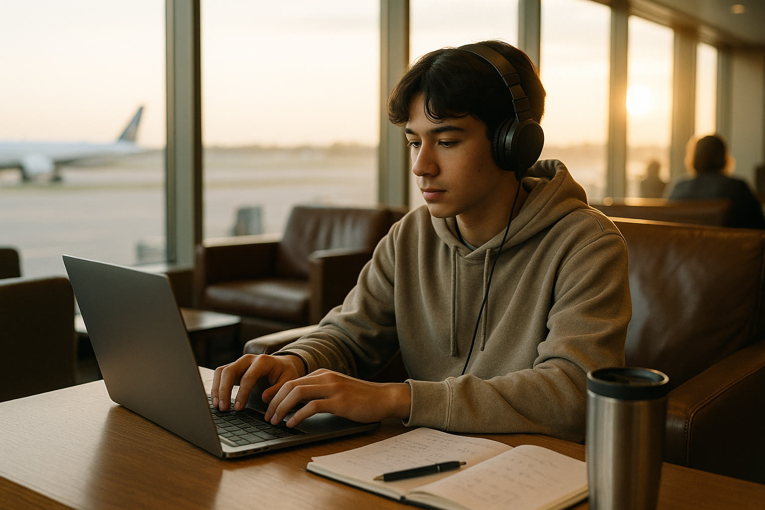 Photo Idea : A calm teen studying on a laptop at an airport lounge, headphones on, paper notes beside a travel mug.