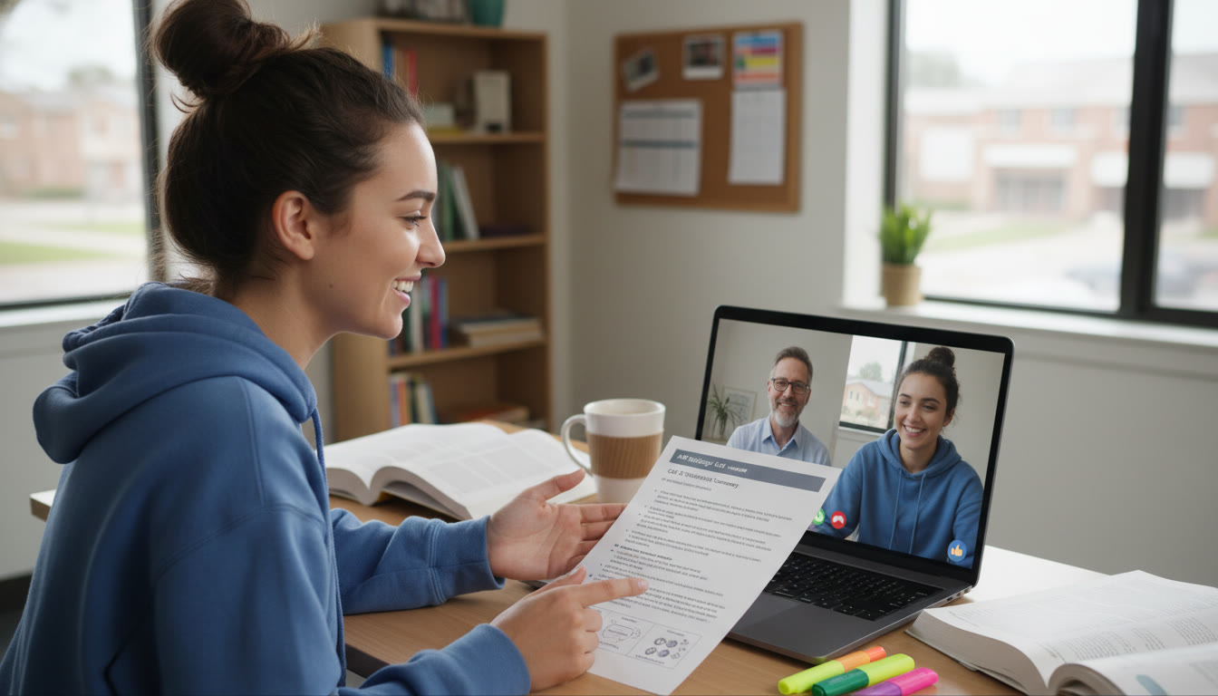 Photo Idea : A focused student explaining a one-page summary to a tutor over video chat — captures the blend of personalized tutoring and organized notes near the article’s conclusion.