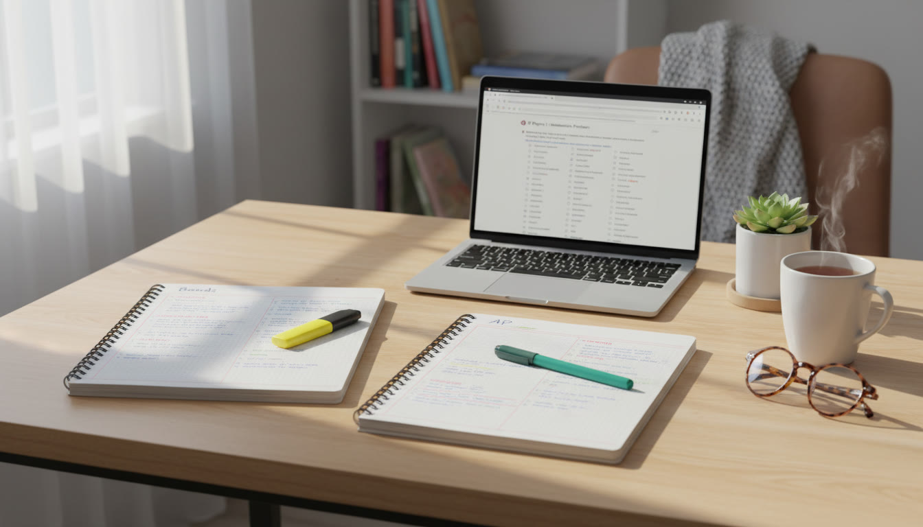 Photo Idea : A clean study desk with two notebooks — one labeled 