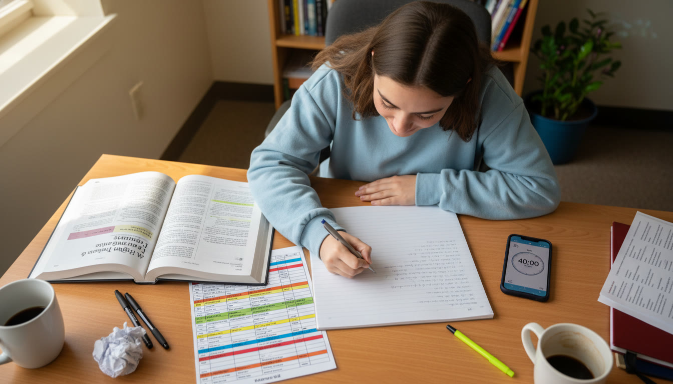 Photo Idea : A crisp overhead shot of a student writing an exam-style essay, with a textbook open, colored verb list on the side, and a timer on a phone visible — to reinforce the timed-practice aspect of preparation.