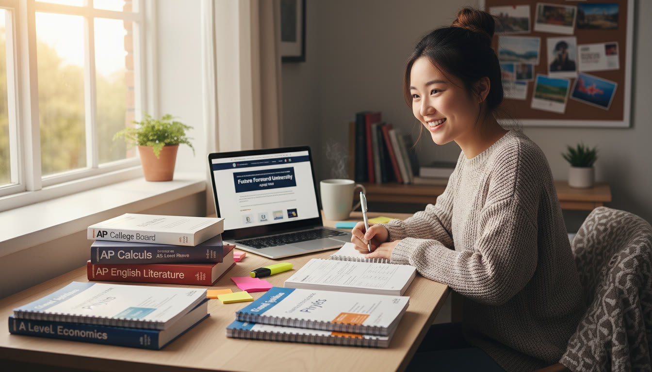 Photo Idea : A bright study nook with AP textbooks and A Level syllabi spread out, a laptop open to a university admissions page, and a student jotting notes. This conveys planning across systems and feels intimate and focused.