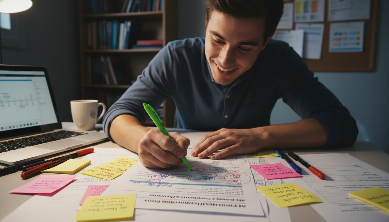 Photo Idea : A high-contrast image of a student at a desk annotating a printout of an AP History FRQ with colored pens and sticky notes—conveys active study and organization.