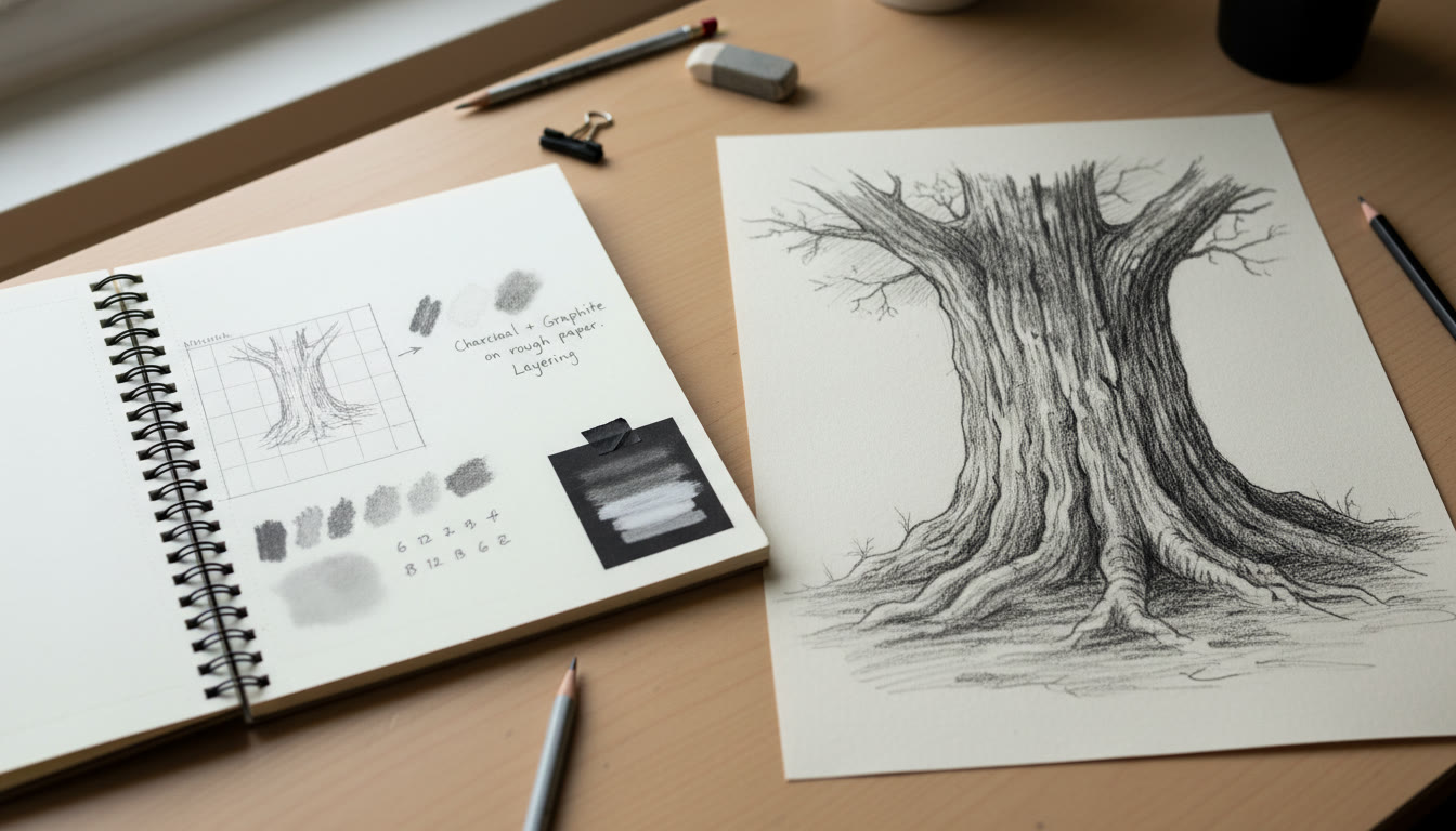 Photo Idea : A close-up detail shot of a final drawing next to a photographed page of a sketchbook showing the thumbnail and a material test—this image would appear near the end of the article to reinforce the idea that small marks and tests live beside finished work.