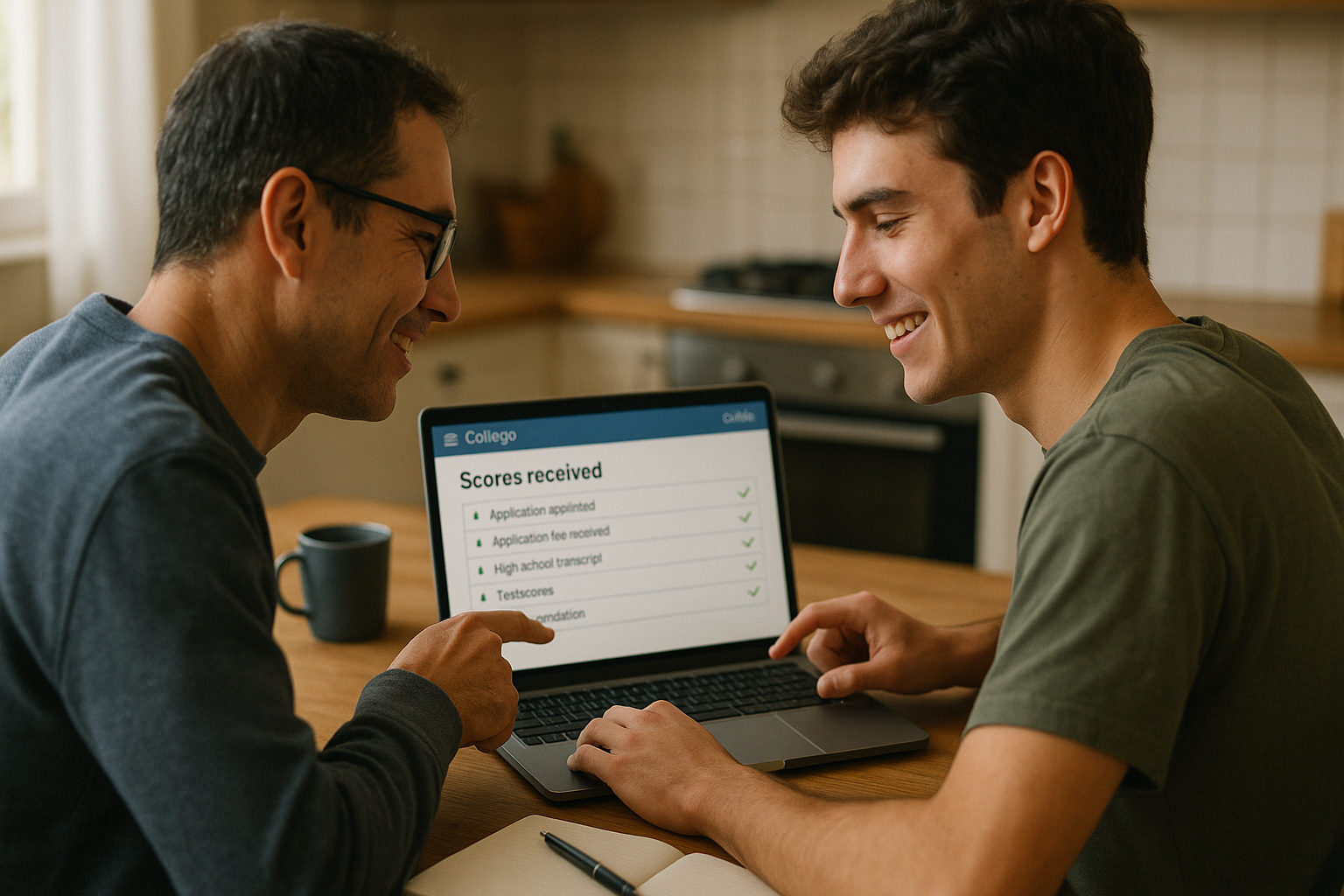 Photo Idea : A parent and student reviewing a laptop screen together, pointing at a college portal showing 'Scores received' or a checklist. The mood is collaborative and encouraging.