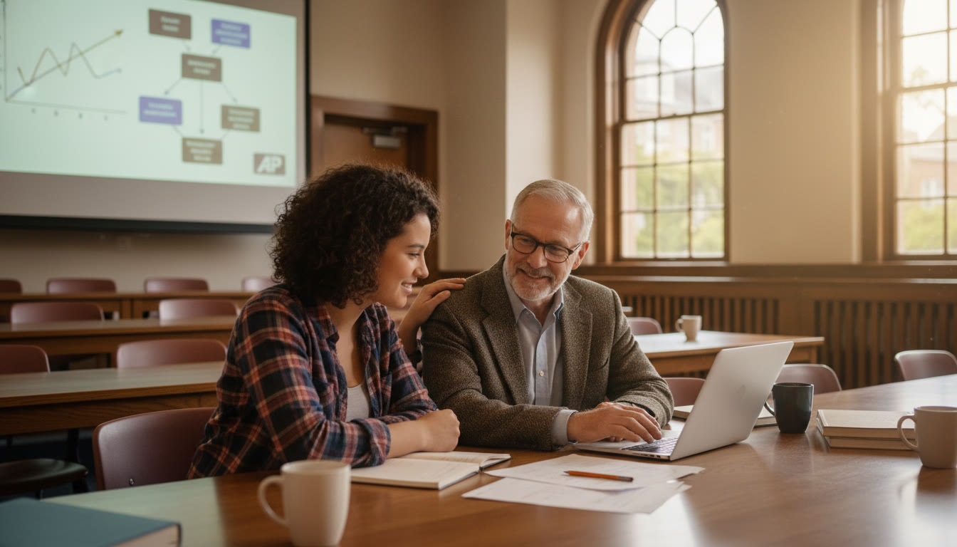 Photo Idea : A cozy scene of a college campus classroom or lecture hall, with a student consulting an advisor or tutor; emphasizes mentorship and campus-bound learning that complements AP preparation.