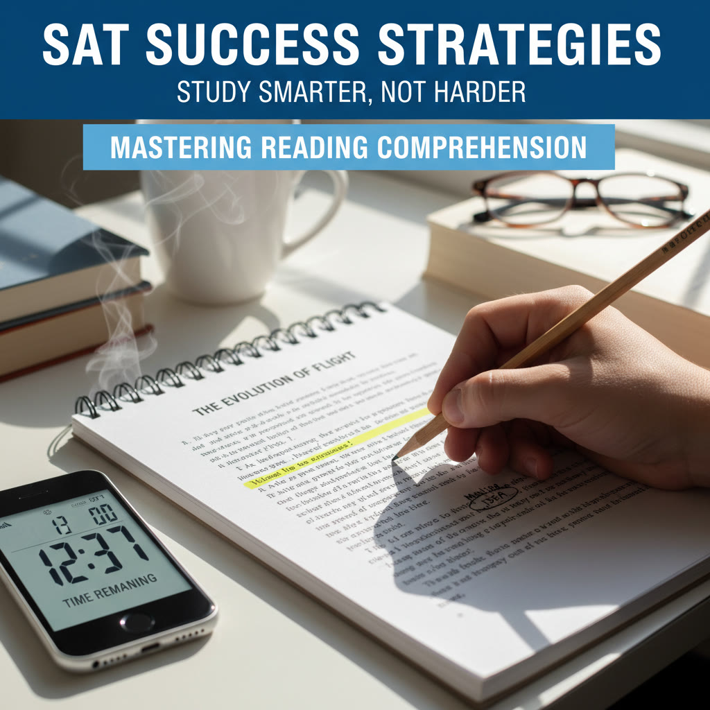 Student timing themselves with a pencil and notebook while annotating a printed SAT-style passage; close-up on hand marking the main idea.