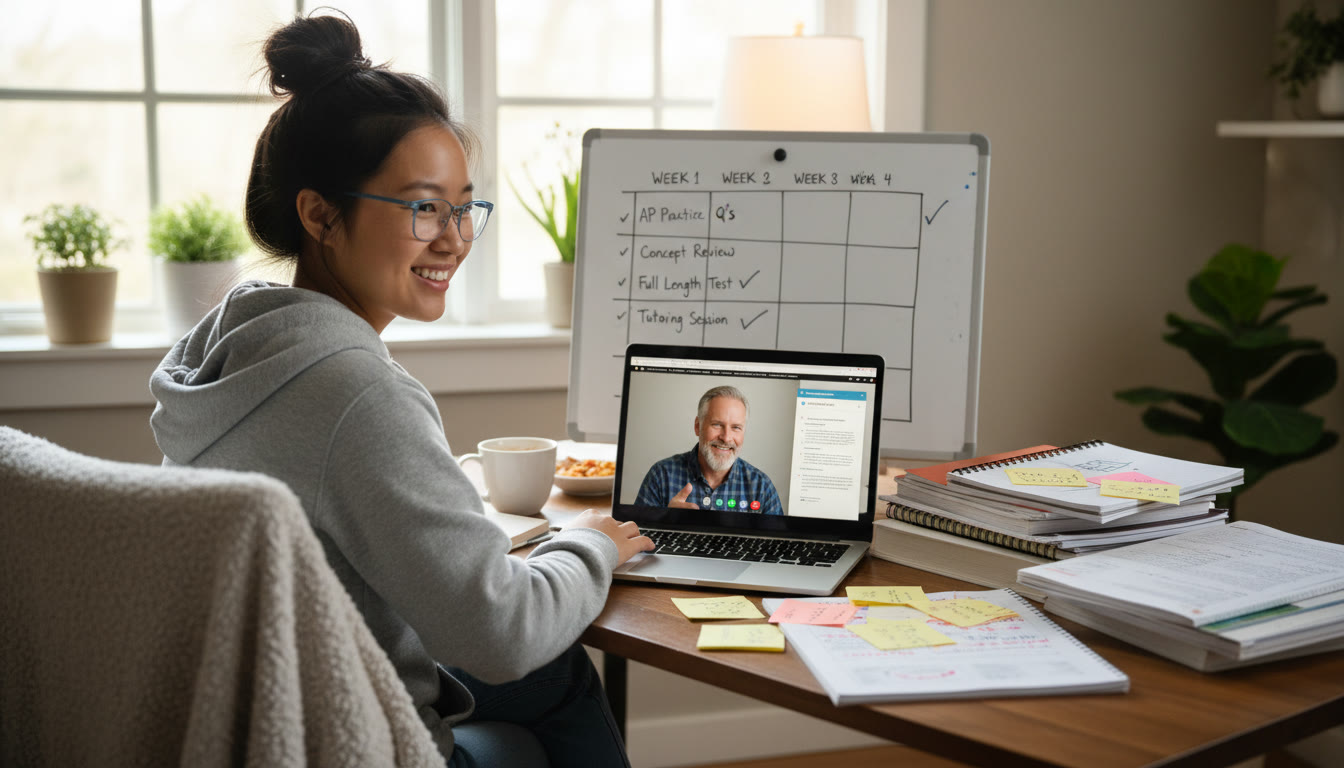 Photo Idea : A cozy study scene showing a student meeting virtually with a tutor on a laptop, annotated notes spread out, and a small whiteboard with a week-by-week plan — visually representing the tutoring partnership and structured planning.