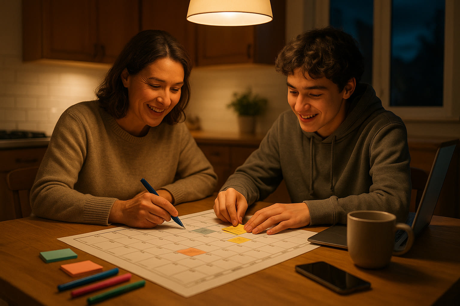 Photo Idea : A parent and teen sitting at a kitchen table in the evening arranging a study and sleep schedule on a calendar—warm, collaborative scene.