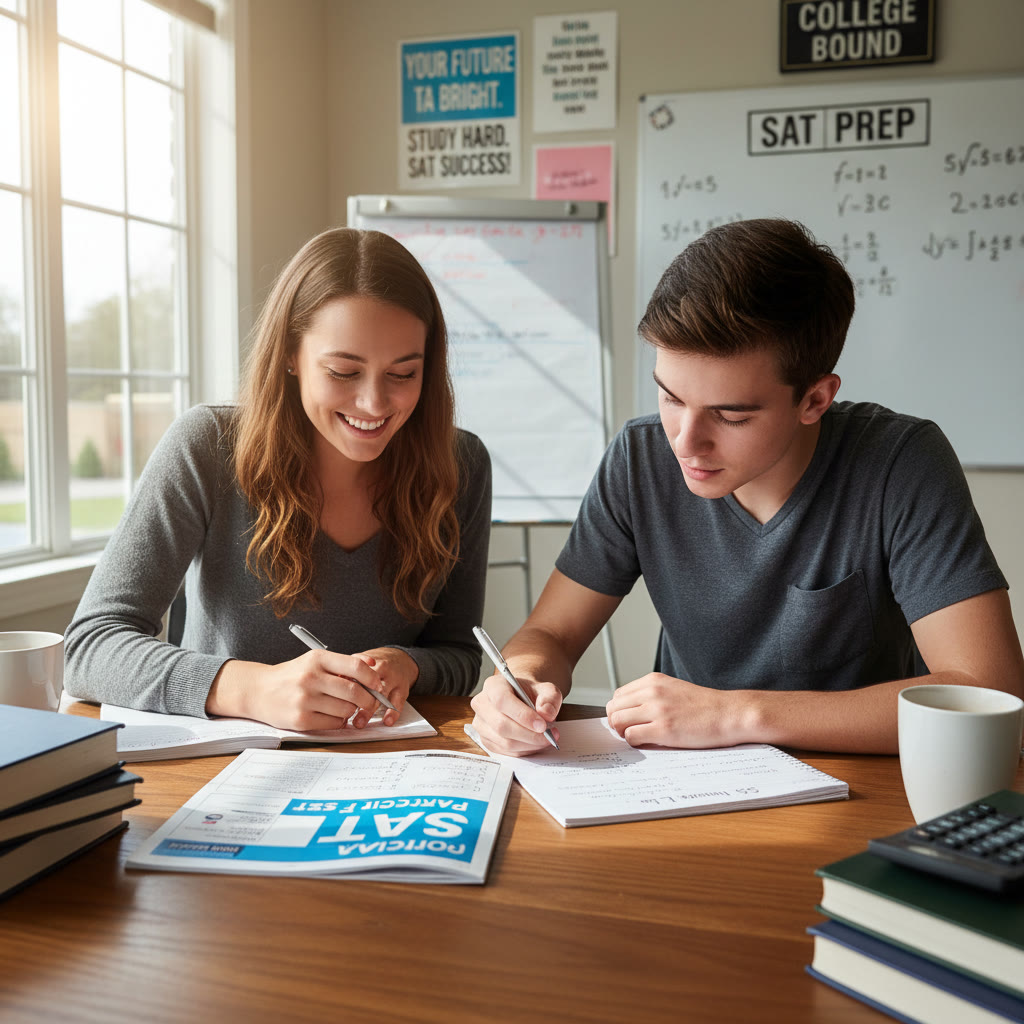 Photo idea: A tutor and student reviewing an official practice test together, pointing at a question and writing notes on a mistake log