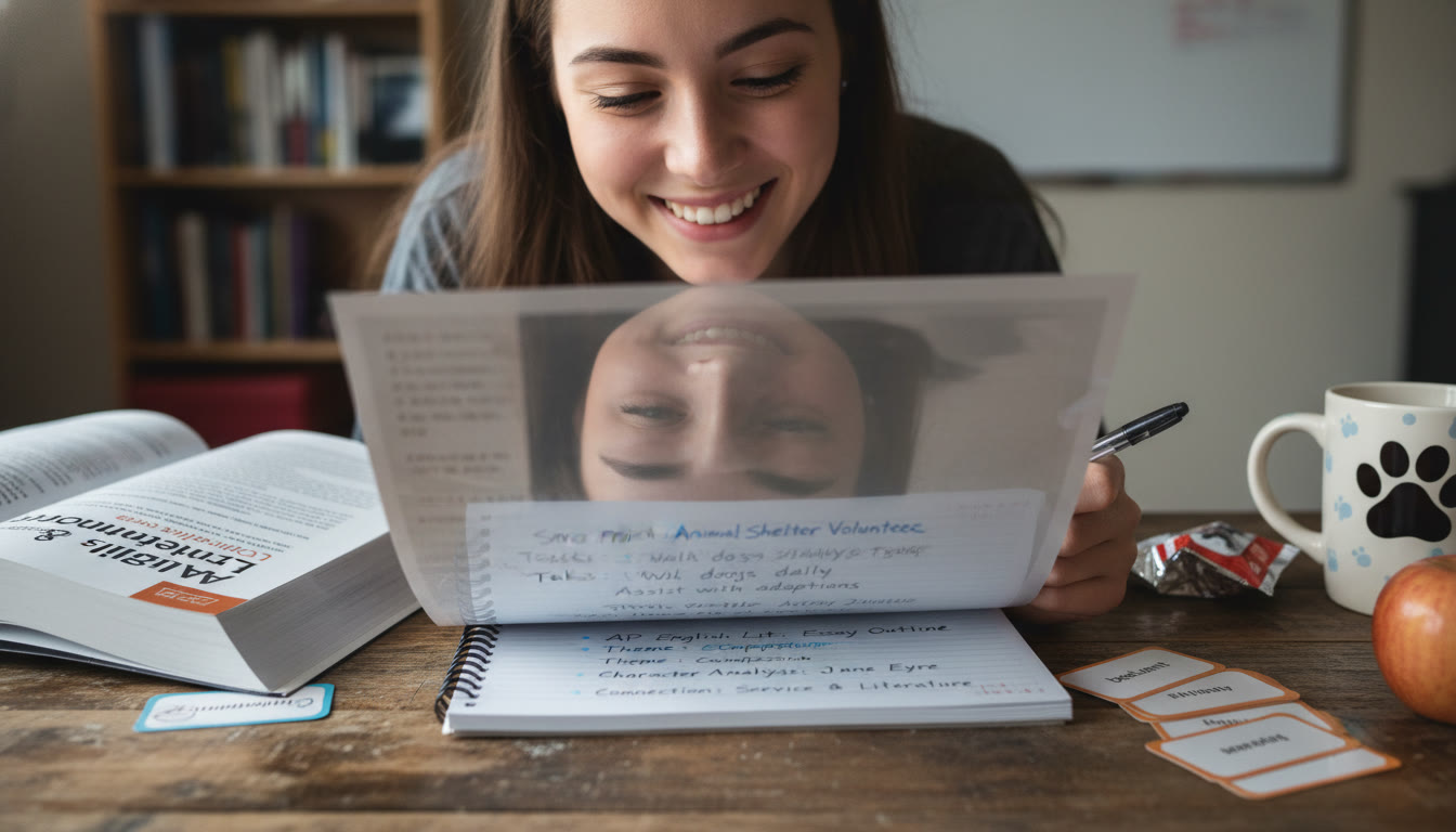 Photo Idea : Close-up of a student reflecting in a notebook with service project notes visible, and AP study materials on the table. The picture should suggest thoughtful integration—study and service together.
