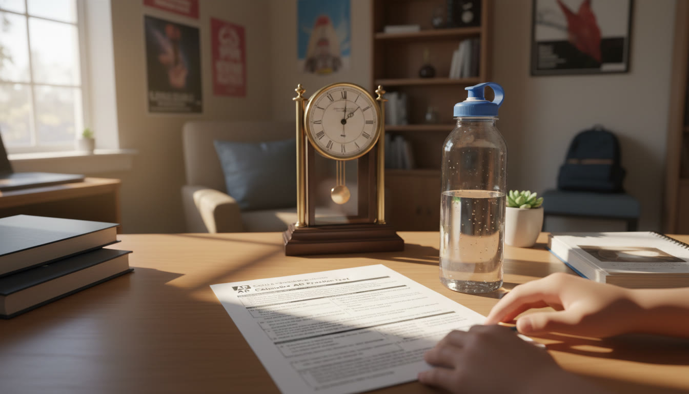 Photo Idea : A sunlit study desk with a printed AP practice test, a water bottle, and a ticking clock in the background — capture the calm focus before a simulation.