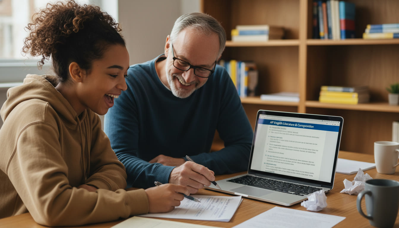 Photo Idea : A student and tutor sitting at a desk with a laptop open to an FRQ practice prompt, both smiling and annotating a paper — warm, collaborative scene emphasizing personalized tutoring.