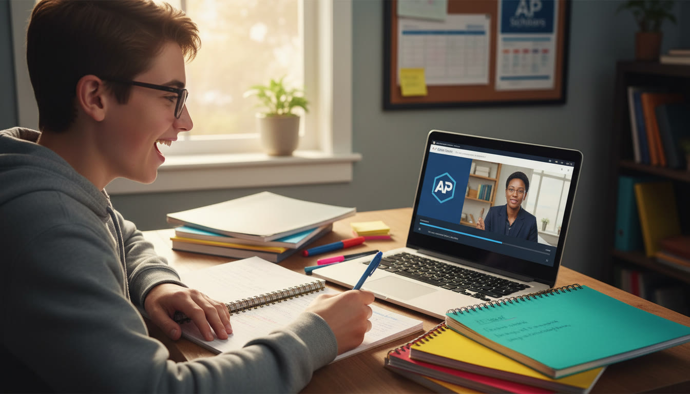 Photo Idea : A bright, candid photo of a high school student at a desk with colorful notebooks and a laptop open to an AP Classroom video, smiling as they take notes. The image conveys curiosity and calm confidence.