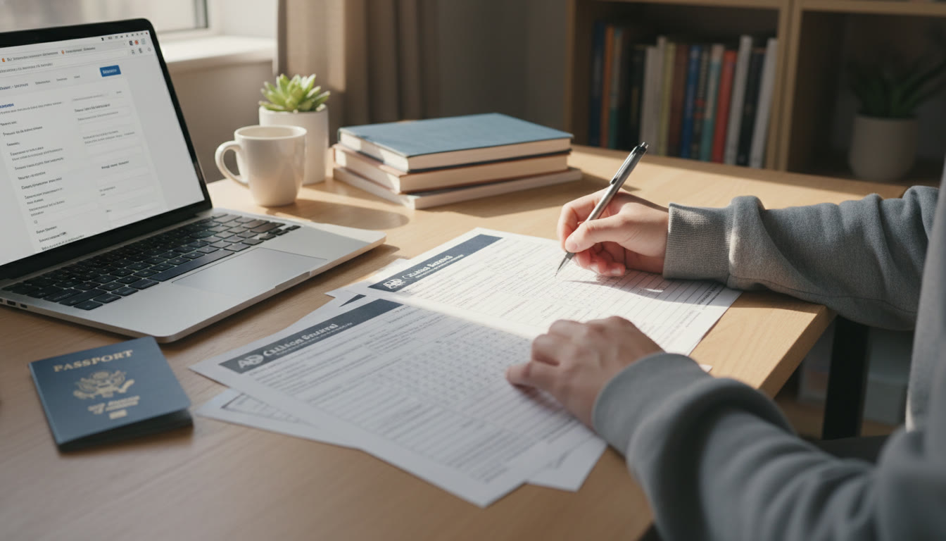 Photo Idea : A close-up photo showing a student s hands filling out forms at a desk with a laptop open to an admissions portal and a passport visible nearby conveys organization and focus.