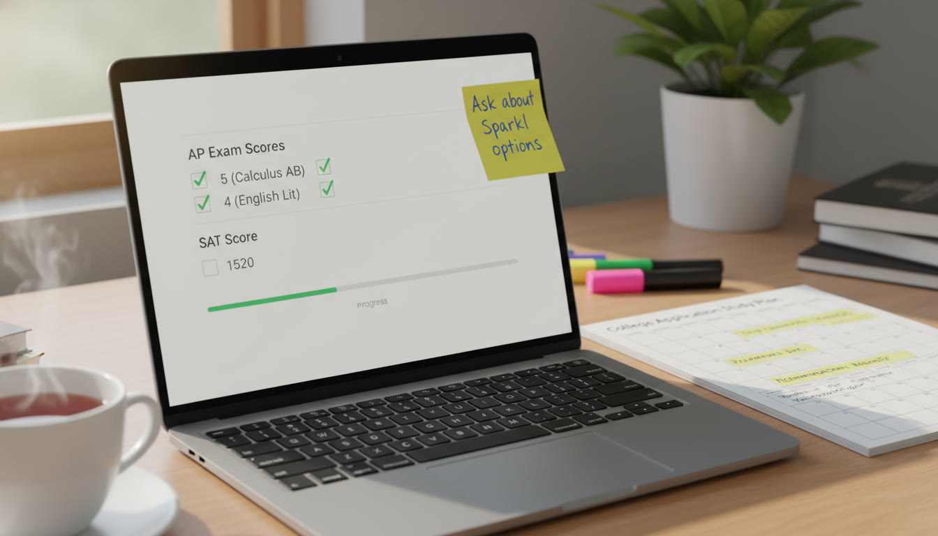 Photo Idea : Close-up of a college application checklist on a laptop screen with AP exam scores and SAT score boxes, alongside a printed study plan and a sticky note reading  Ask about Sparkl tutoring options.  This image helps readers visualize planning and decision-making.