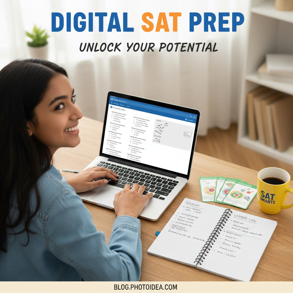 Photo Idea : Overhead shot of a student practicing the Digital SAT on a laptop with digital scratch paper, an open notebook showing error logs, and a set of biology flashcards nearby.