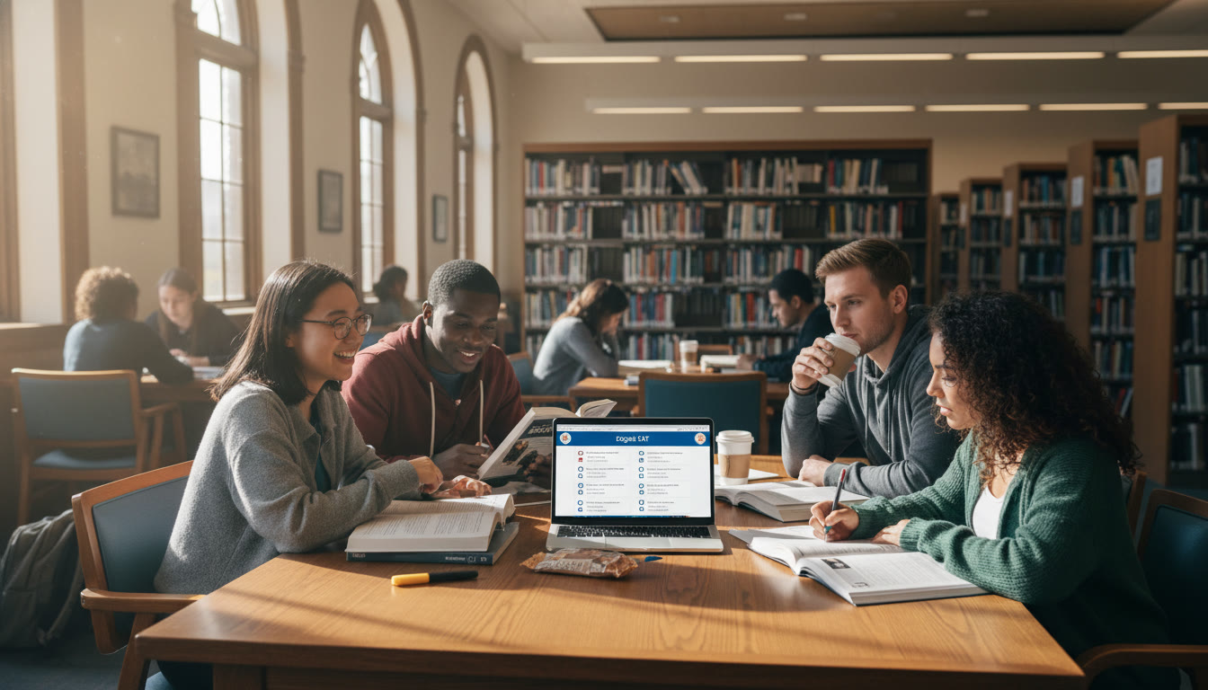 Photo Idea : A diverse group of students studying in a sunlit library, with AP textbooks and a laptop open to a mock Digital SAT screen conveys the dual preparation for AP and SAT in one frame.