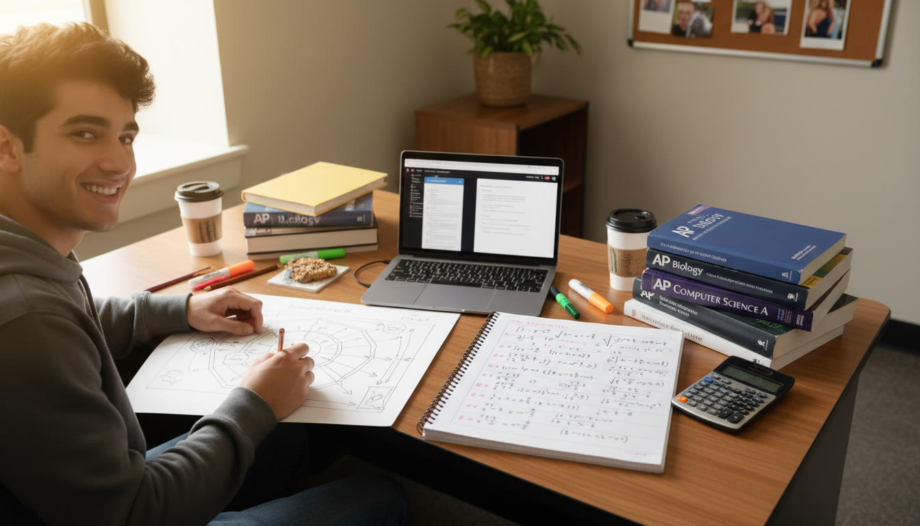 Photo Idea : A student at a desk drawing a food web and working through math problems, with textbooks and a laptop — conveys studying, problem-solving, and the human side of AP prep.
