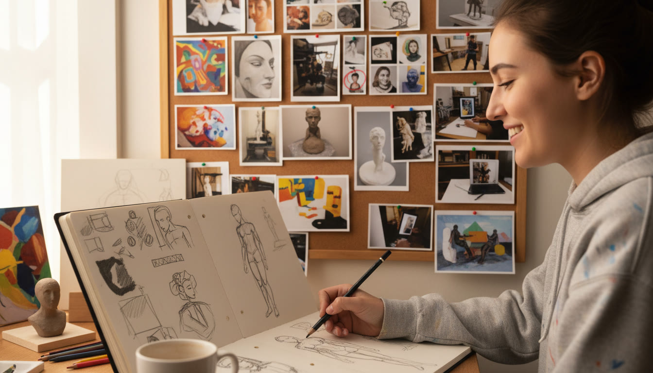 Photo Idea : A close-up of a student writing in a sketchbook surrounded by artwork thumbnails and process photos pinned on a wall. This image should appear near the conclusion to emphasize reflection and revision.