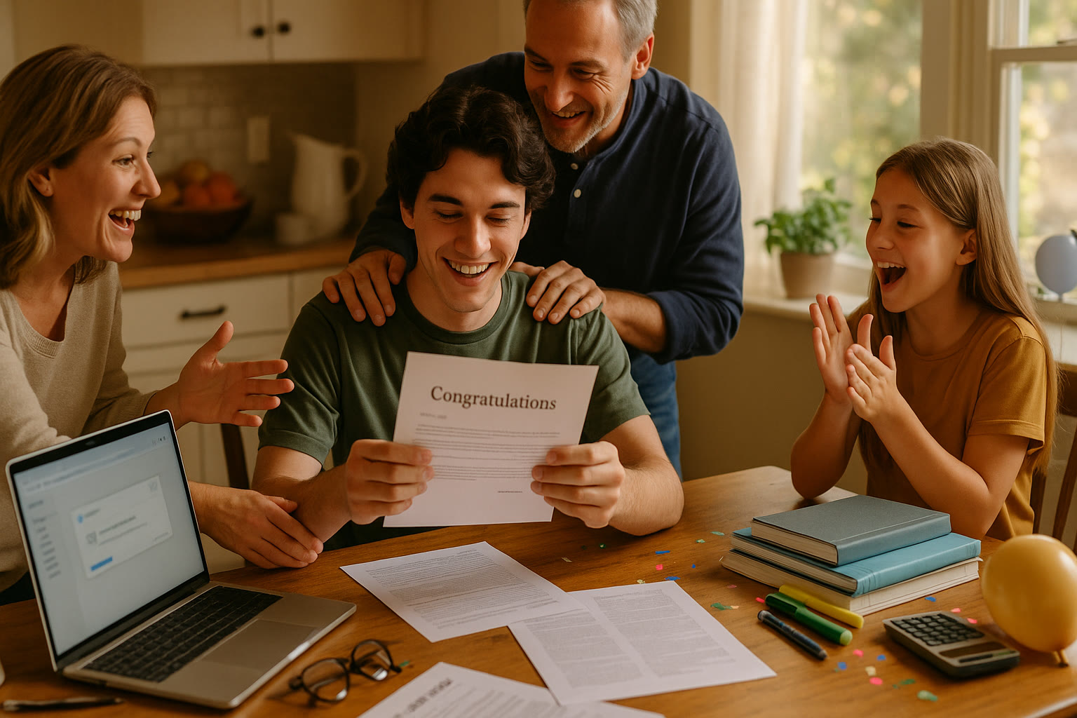 Photo Idea : A celebratory scene of a student opening an award letter at a kitchen table with family—papers, laptop, and a small stack of study materials nearby to show the journey from prep to scholarship.