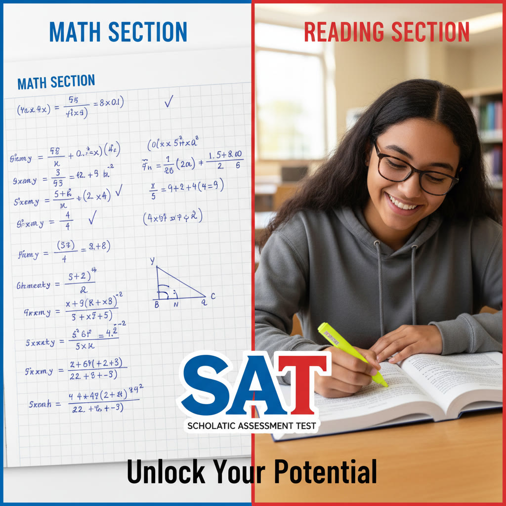 Split-screen concept: left side showing neat math work with equations, right side showing a student thoughtfully underlining lines in a passage — illustrating the math vs. reading contrast.