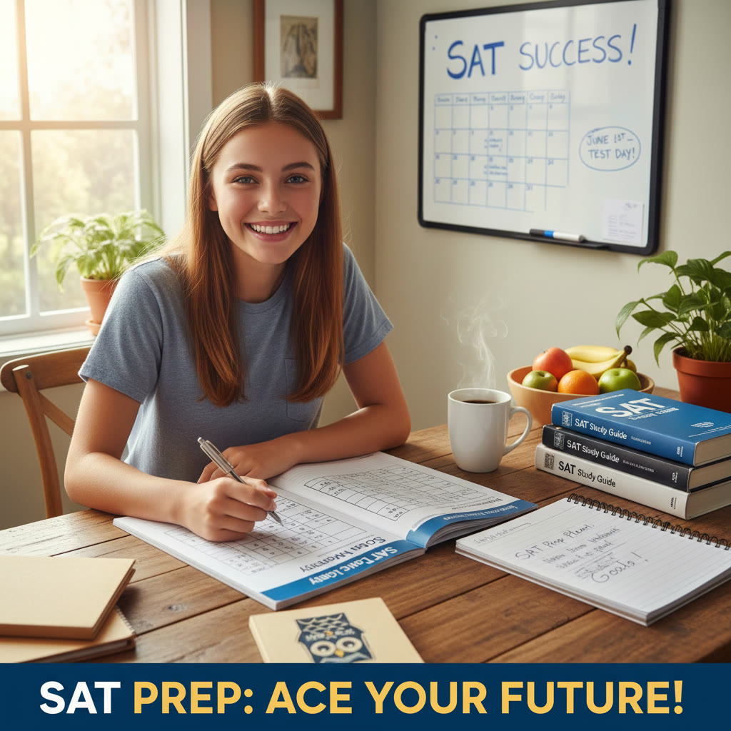 Photo idea: A student at a kitchen table with a logic puzzle grid, SAT prep materials, and a notepad — bright natural light, focused expression.