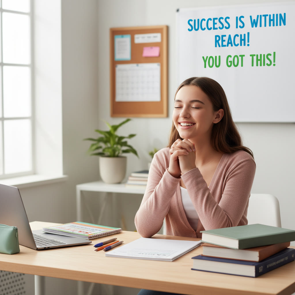 Photo idea: A student sitting at a clean desk with closed eyes, hands folded, visualizing test day; soft natural light; conveys calm preparation.