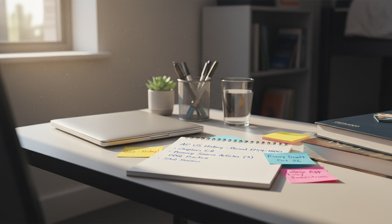 Photo Idea : A clean desk with a neat checklist: chapters, articles, and colored sticky notes showing deadlines — bright morning light to suggest clarity and organization.
