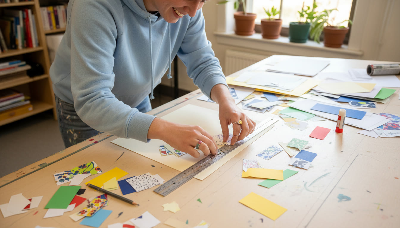 Photo Idea : A top-down photograph of an art student arranging collage elements on a drafting table—showing hands, paper swatches, and a ruler to suggest intentional composition work.