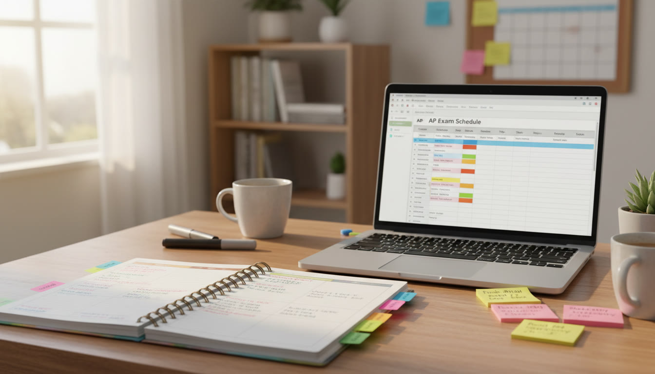 Photo Idea : A bright, warm desk shot showing a student’s planner open with colored tabs, a laptop displaying an AP schedule spreadsheet, and sticky notes with goals. This should appear near the top of the article to set an organized, motivating tone.