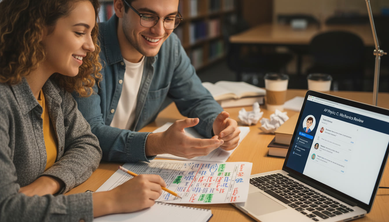 Photo Idea : Close-up of two students collaborating over a formula sheet with colorful annotations and a laptop open to a tutoring platform—conveys collaboration, review, and personalized support.
