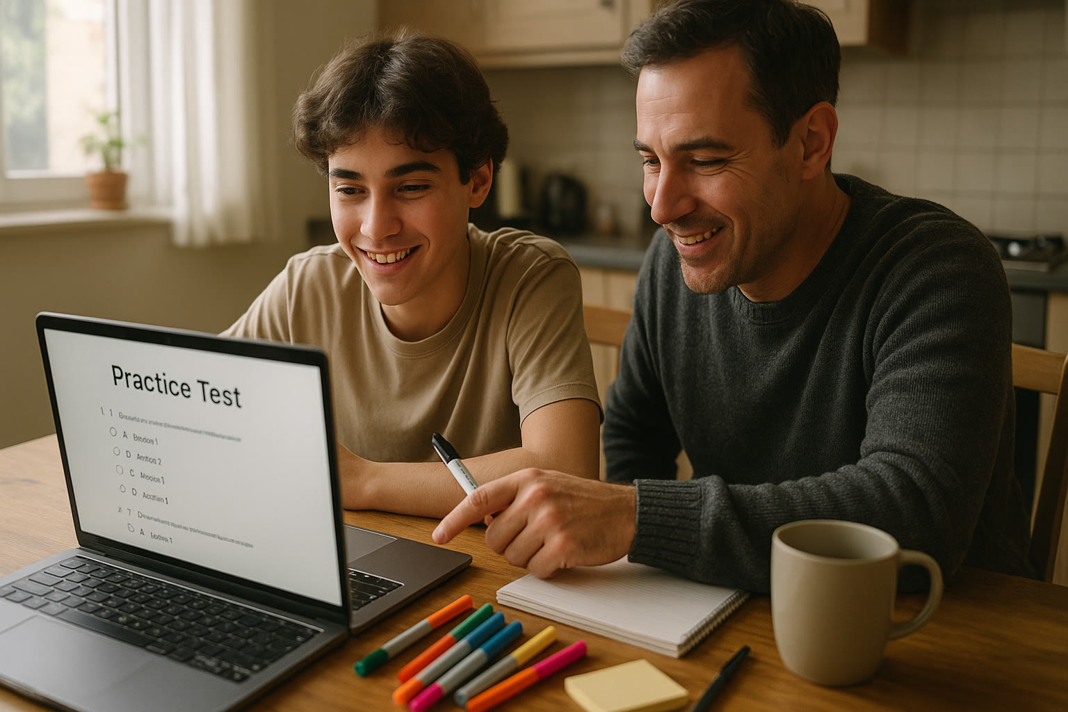 Photo Idea : A teenage student at a kitchen table with a parent nearby, both smiling and reviewing a practice test on a laptop. Natural light, casual clothing, markers and sticky notes scattered around.